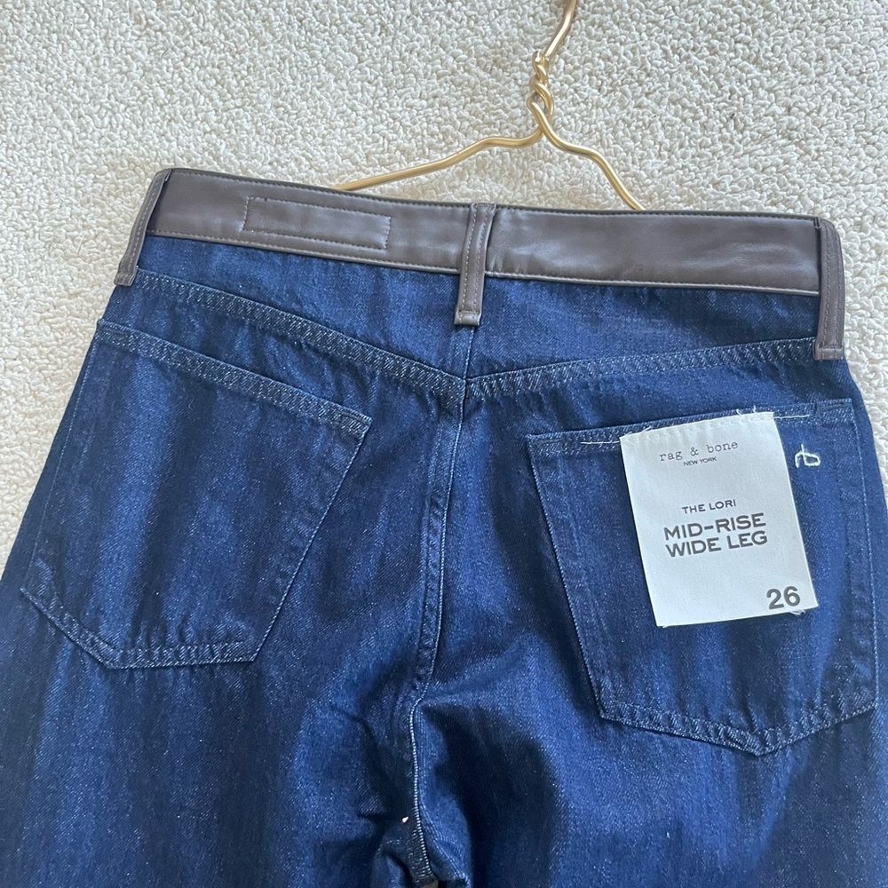 rag & bone Dark Blue wide Leg Jeans with Black Leather Lori midi size 26 cowgirl - Picture 9 of 16